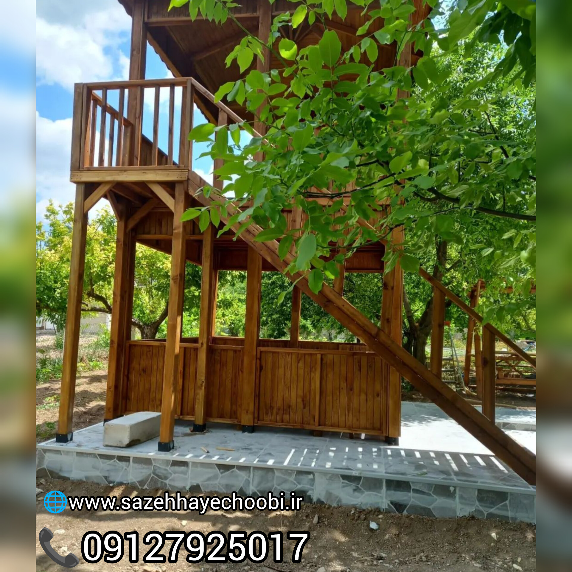 آلاچیق دو طبقه تمام چوب ۳×۳ | طراحی و ساخت آلاچیق چوبی دوبلکس - تصویر 6